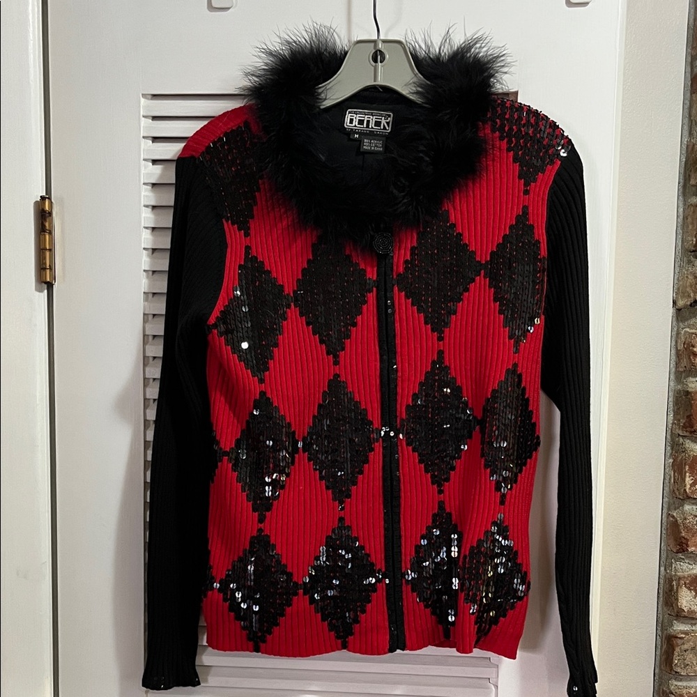 Vintage Berek Black Faux Fur Trim Cardigan